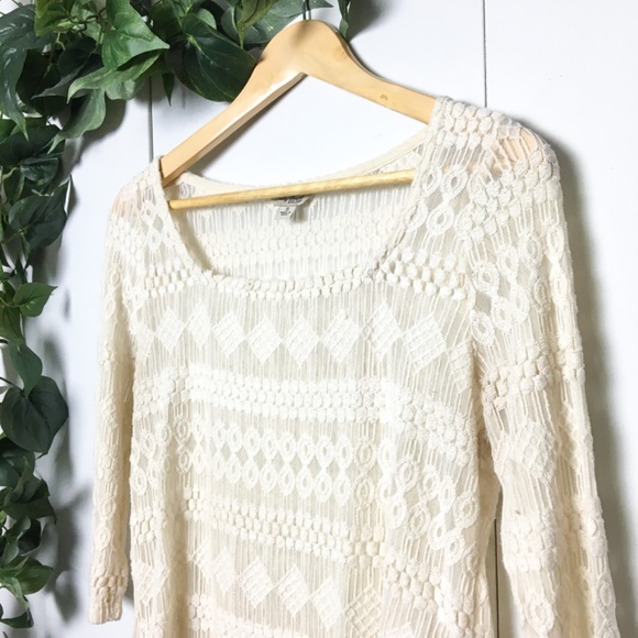 *SOLD* LUCKY BRAND Ivory 3/4 Sleeve Lace Top - Picture 3 of 5
